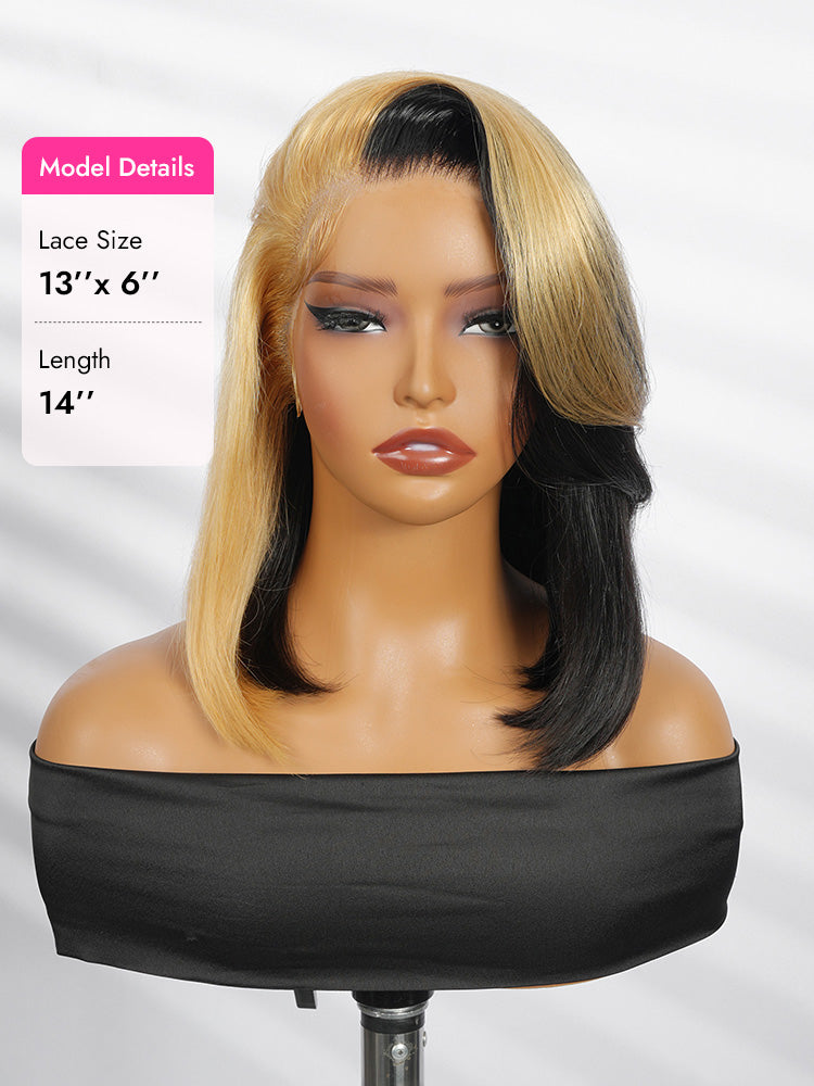 14 inch honey blonde skunk stripe bob wig