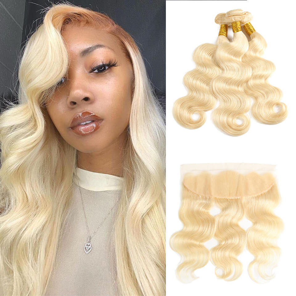 613 Honey Blonde Body Wave Lace Frontal With 3 Bundles