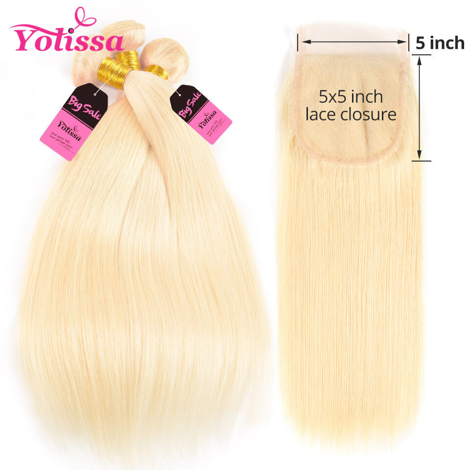613 Blonde Hair Straight 3 Bundles With Closure 5*5