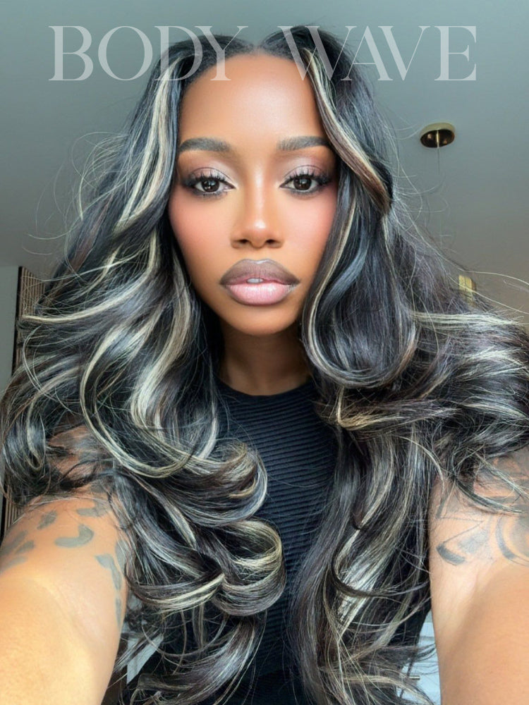 body wave black wigs with blonde highlights