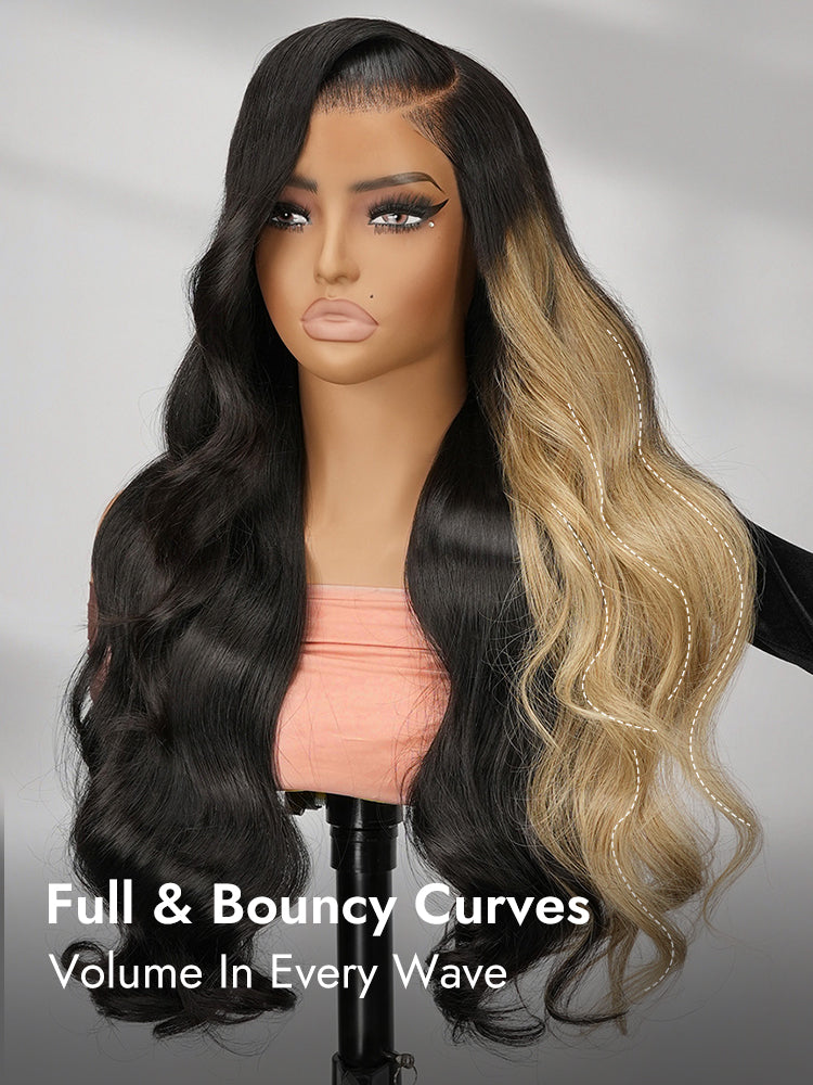 bouncy body wave blonde skunk stripe wig
