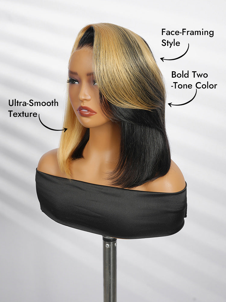 face framing honey blonde skunk stripe wig