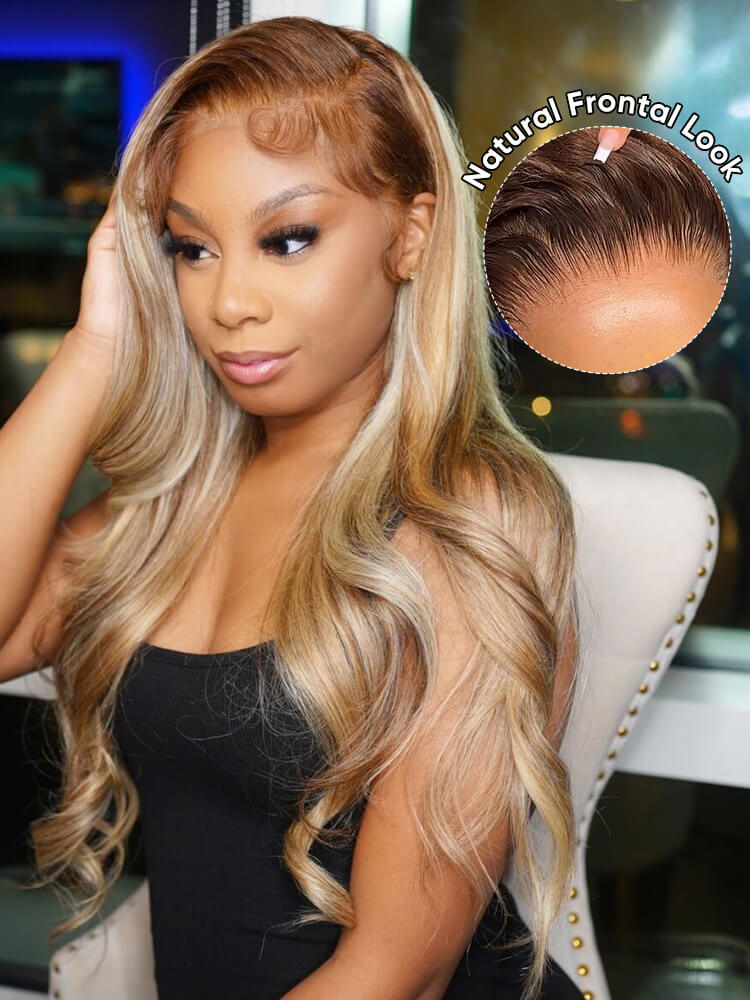 natural blonde highlight lace frontal wig