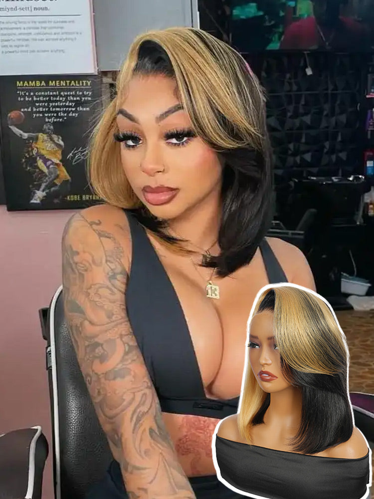 pre styled honey blonde skunk stripe bob wig