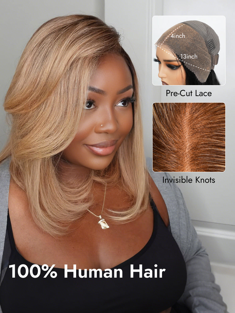 Ombre Honey Blonde Bob Wig #4/27 Straight Blunt Cut 13x4  display picture 3