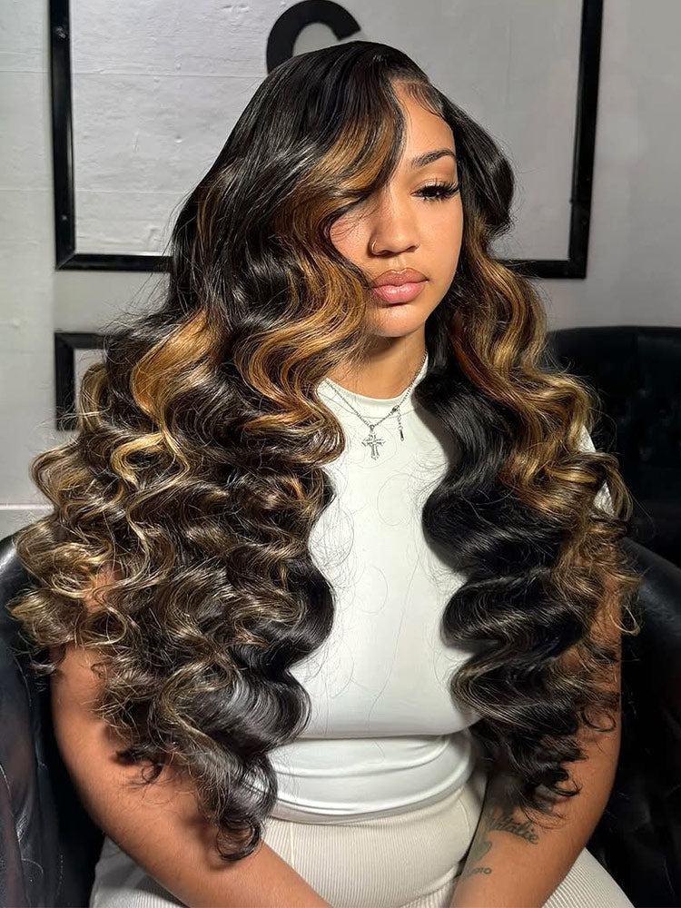 Honey blonde skunk highlights wigs