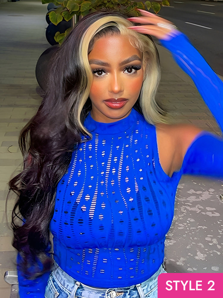 black wig with blonde highlight