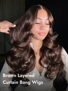 brown Layered wavy Curtain Bang wigs