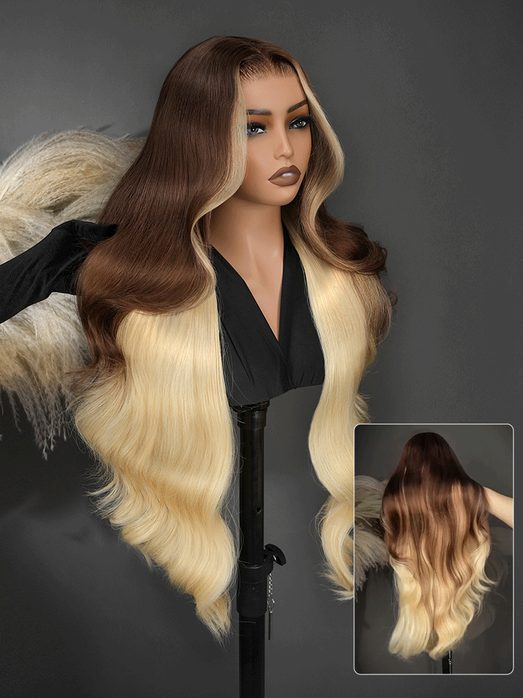 brown and blonde peekaboo human hair wig