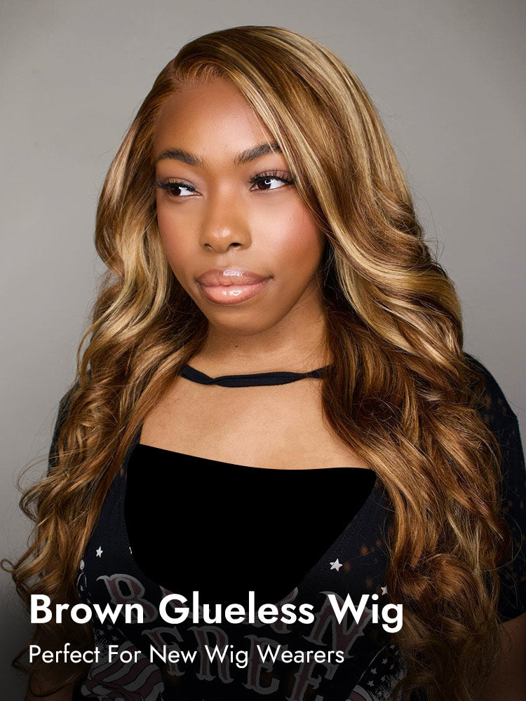 brown highlight glueless closure wig