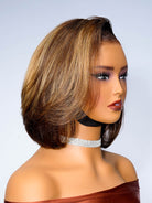 short brown bob with highlights