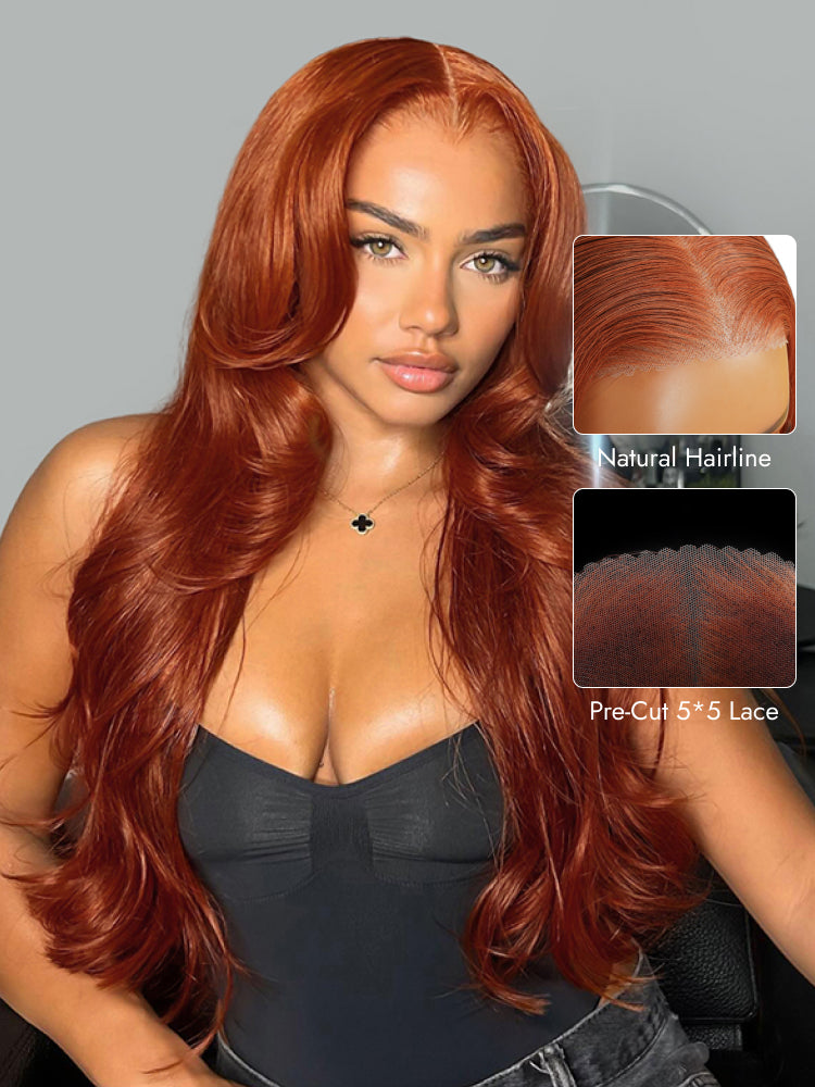 dark copper orange 5x5 pre cut lace wig