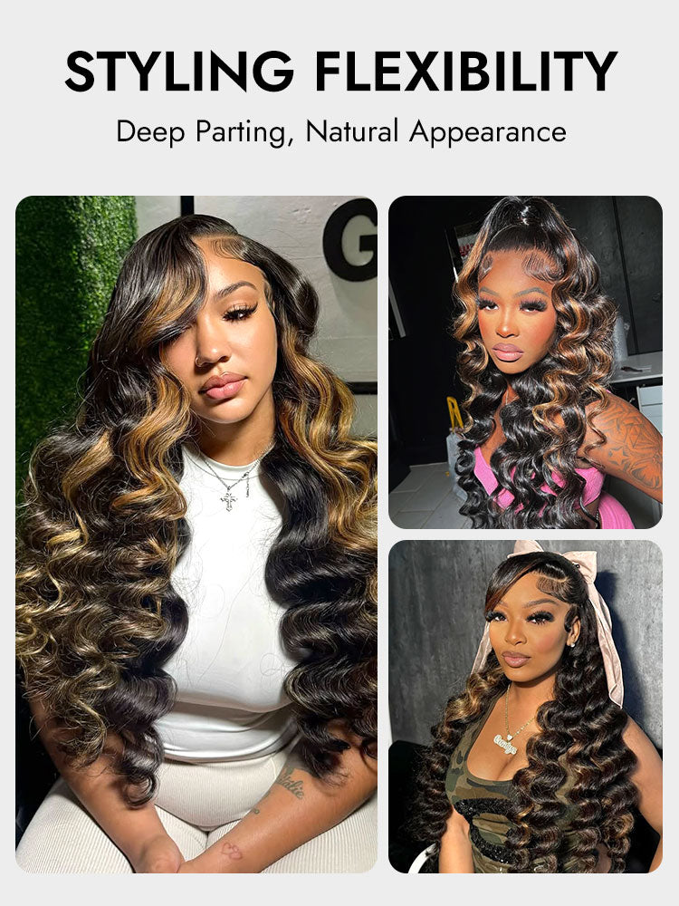 honey blonde skunk stripe highlights lace frontal wig