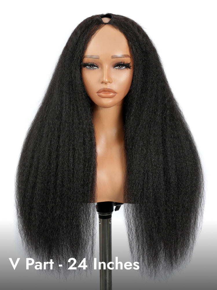 kinky straight glueless V part wig