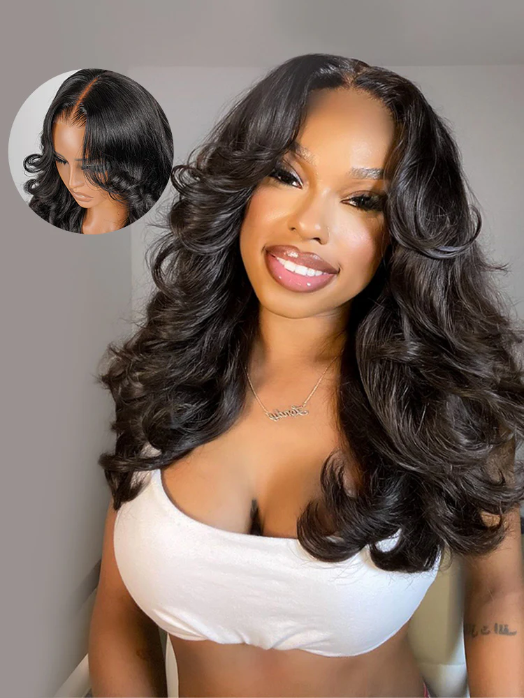 layered cut body wave wig with curtain bangs