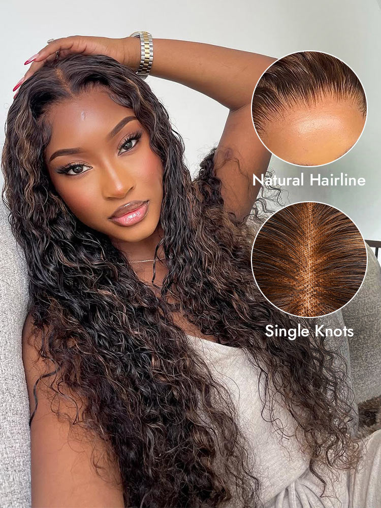 natural highlight water wave wig with single-knots
