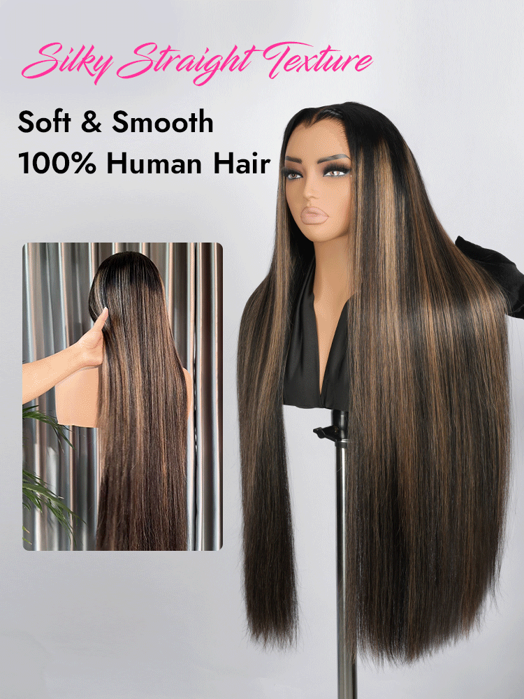 silky straight highlight brown wig