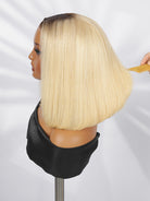 silky straight short bob blonde wig with dark roots
