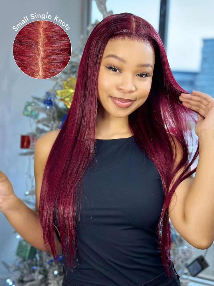 straight burgundy invisible knots lace wig