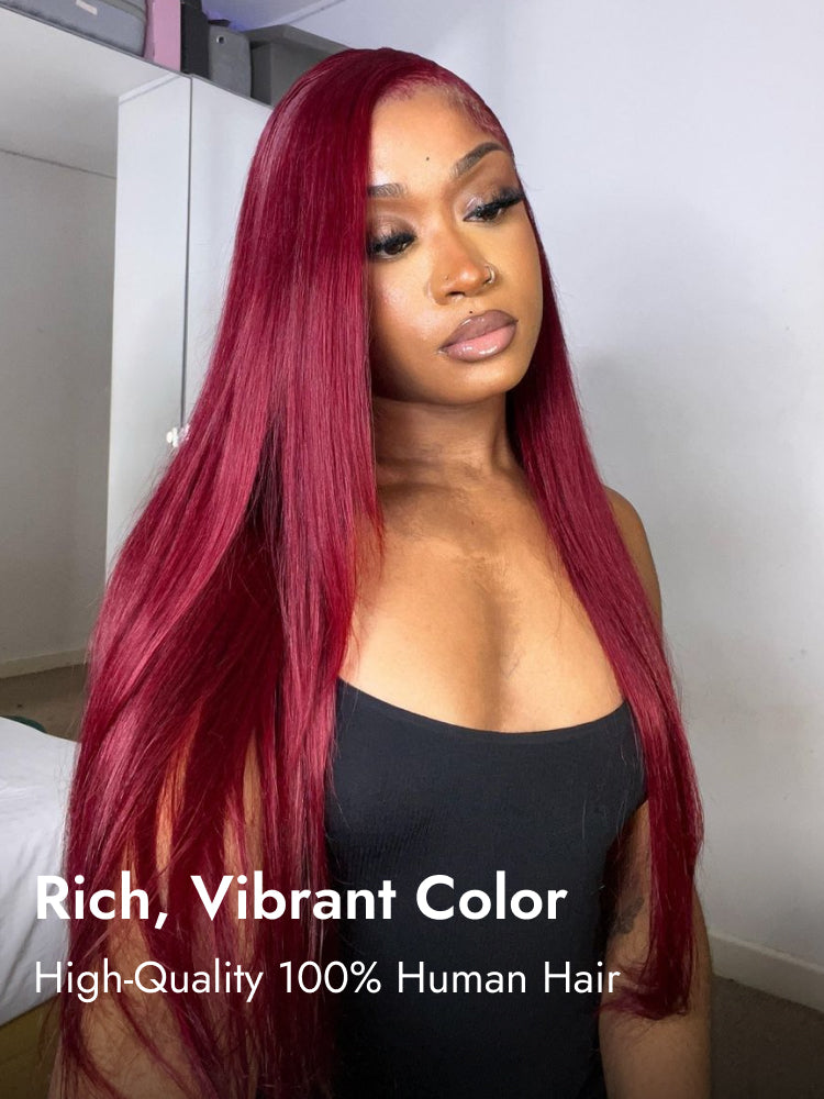 wine colored straight human hair wig
