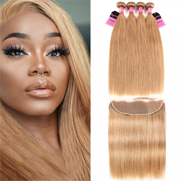 27 Hair Color 4 Bundles With Fronal 13×4 Deal Straight Honey Blonde