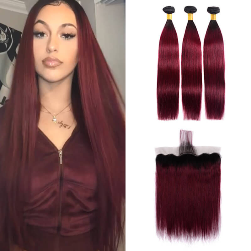 ombre burgundy straight 3 bundles with frontal
