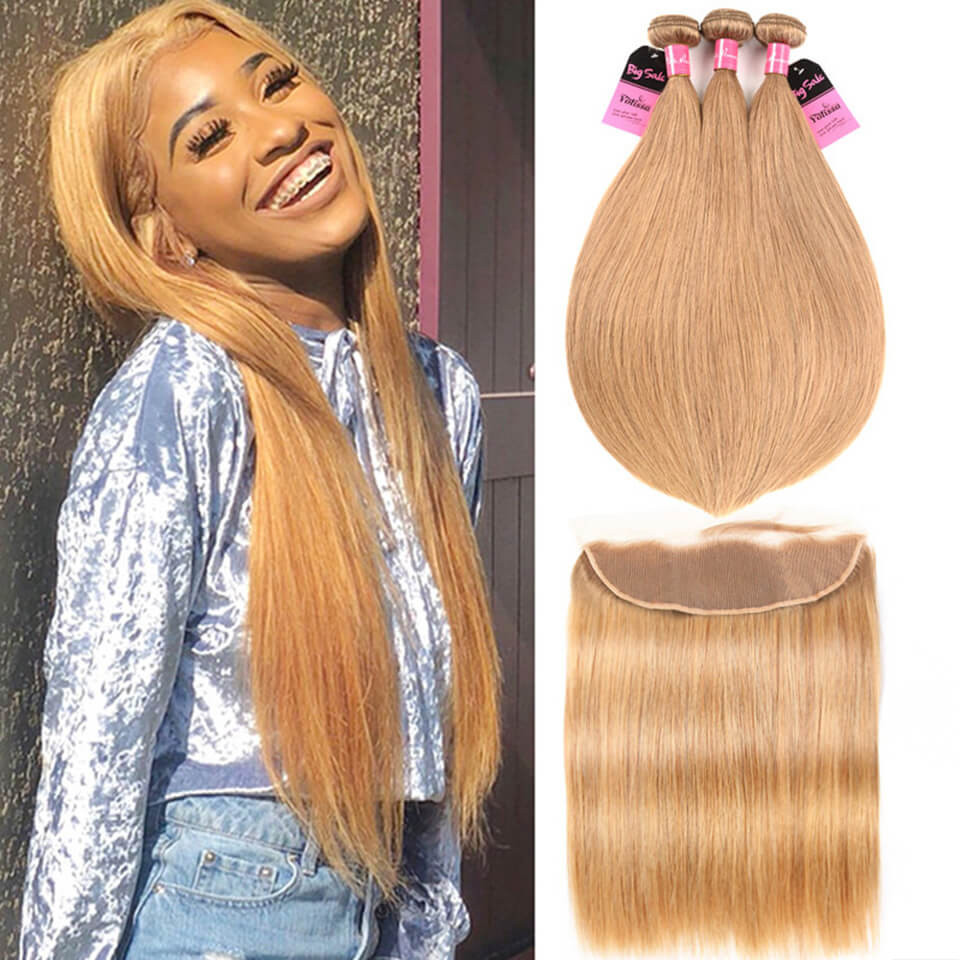 3 Bundles Straight Caramel Hair Color Bundles With Frontal