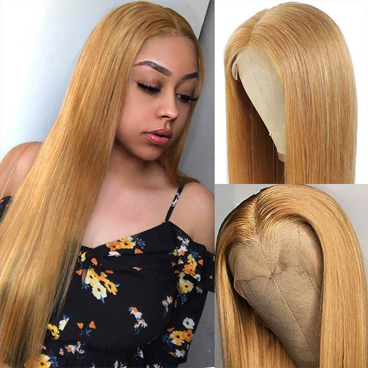 #27 honey blonde straight lace closure wigs