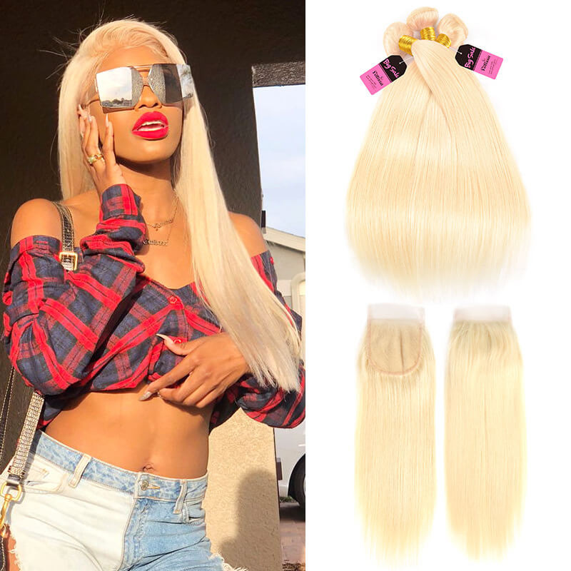 613 Straight Human Hair 3 Bundles with Closure
