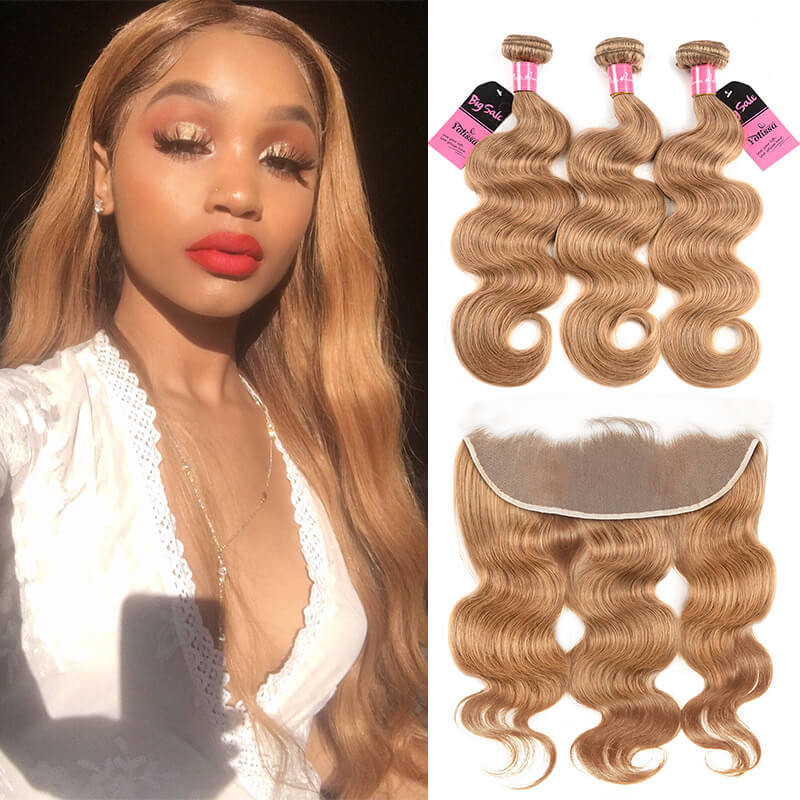 #27 honey blond body wave 3 bundles with frontal