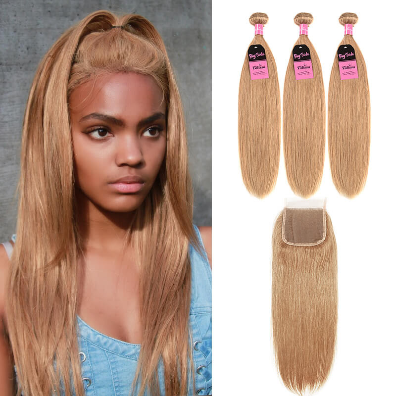 #27 honey blonde straight 3 bundles with closure
