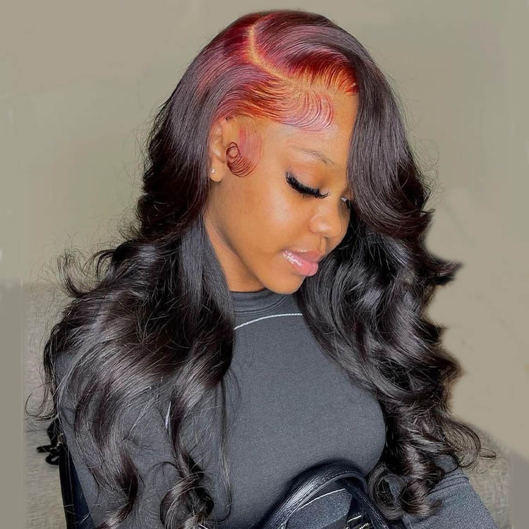 black wigs with burgundy roots