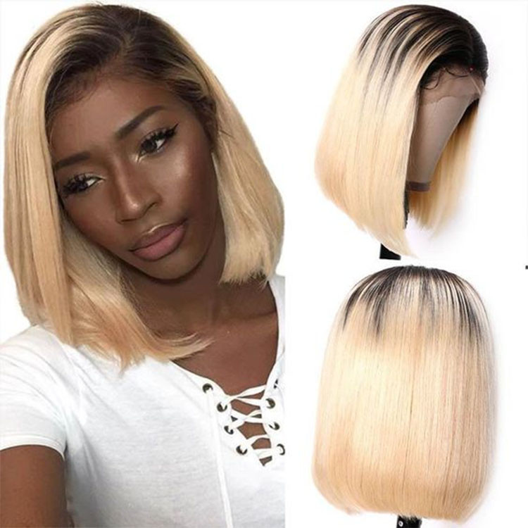 blonde bob with black roots