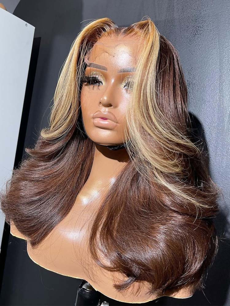 blonde money piece on brown hair
