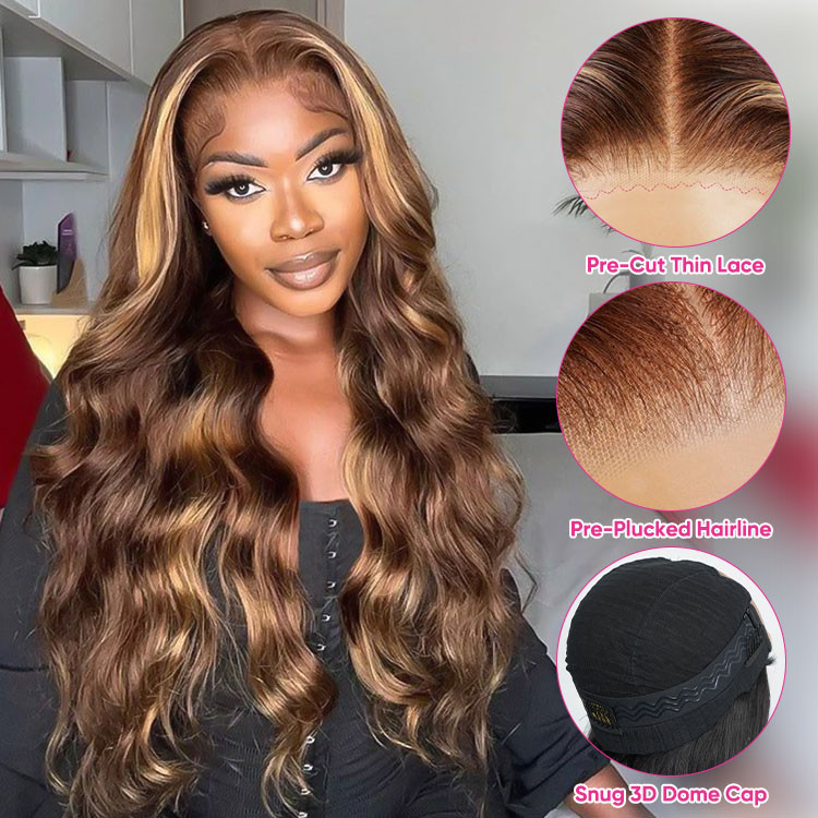brown highlight lace closure wig