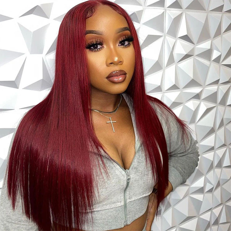 burgundy straight lace front wigs