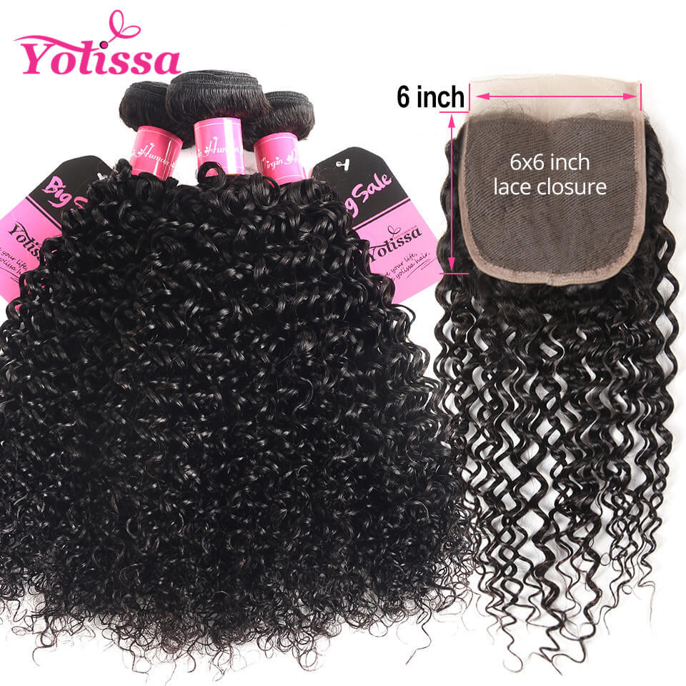 kinky curly 3 bundles with closure 6*6