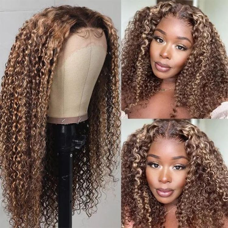 dark brown curly hair with highlights