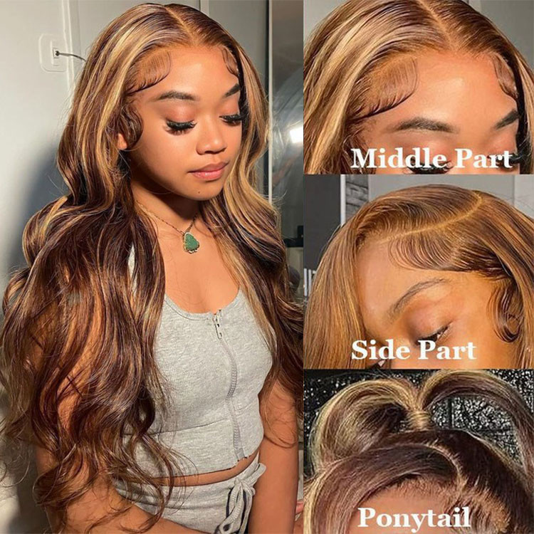 Dark Brown Highlight Honey Blonde Human Hair Lace Wigs