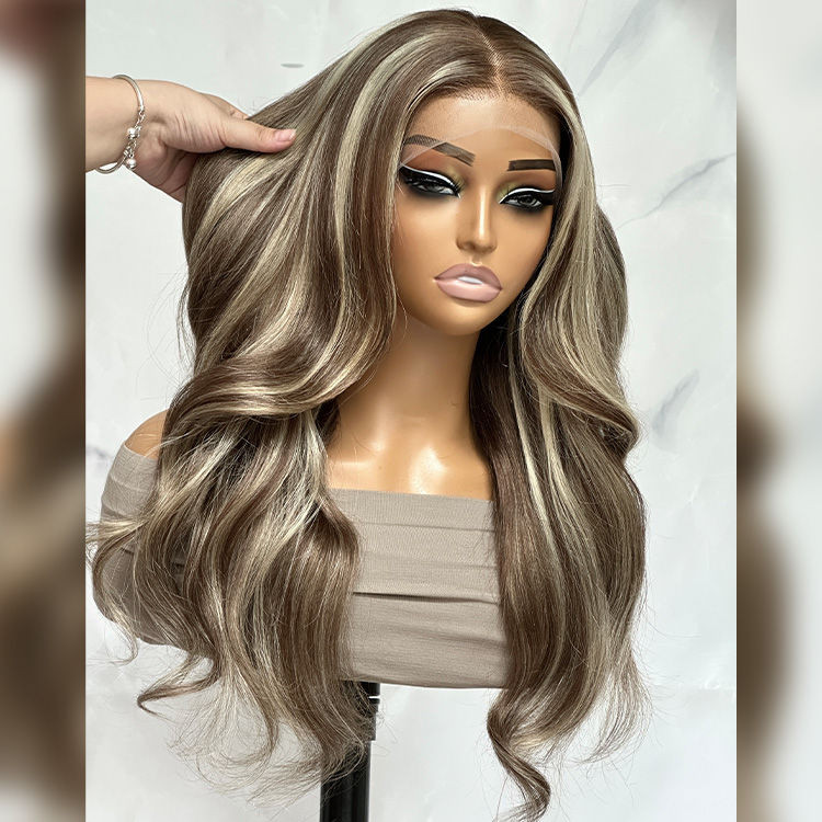 medium length brown hair with blonde highlights