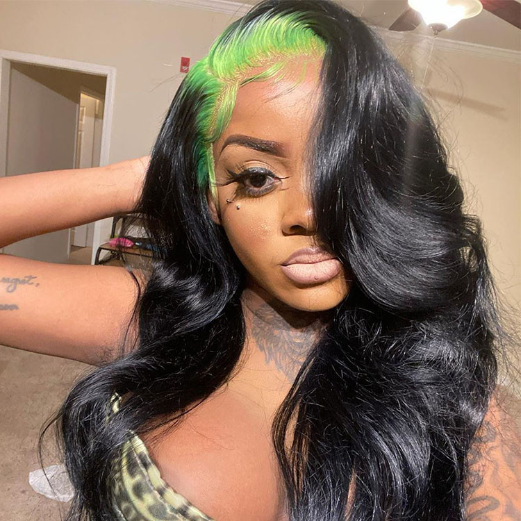 black wig with lime green roots