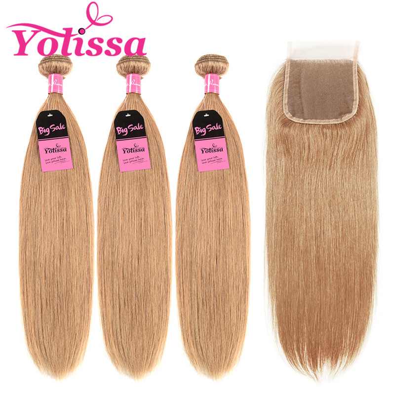 Brazilian Straight Hair 3 Bundles Honey Blonde Hair Color With Closure