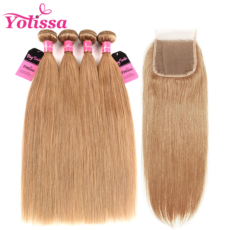 Honey Blonde Camarel Straight Hair 4 Bundles With Closure