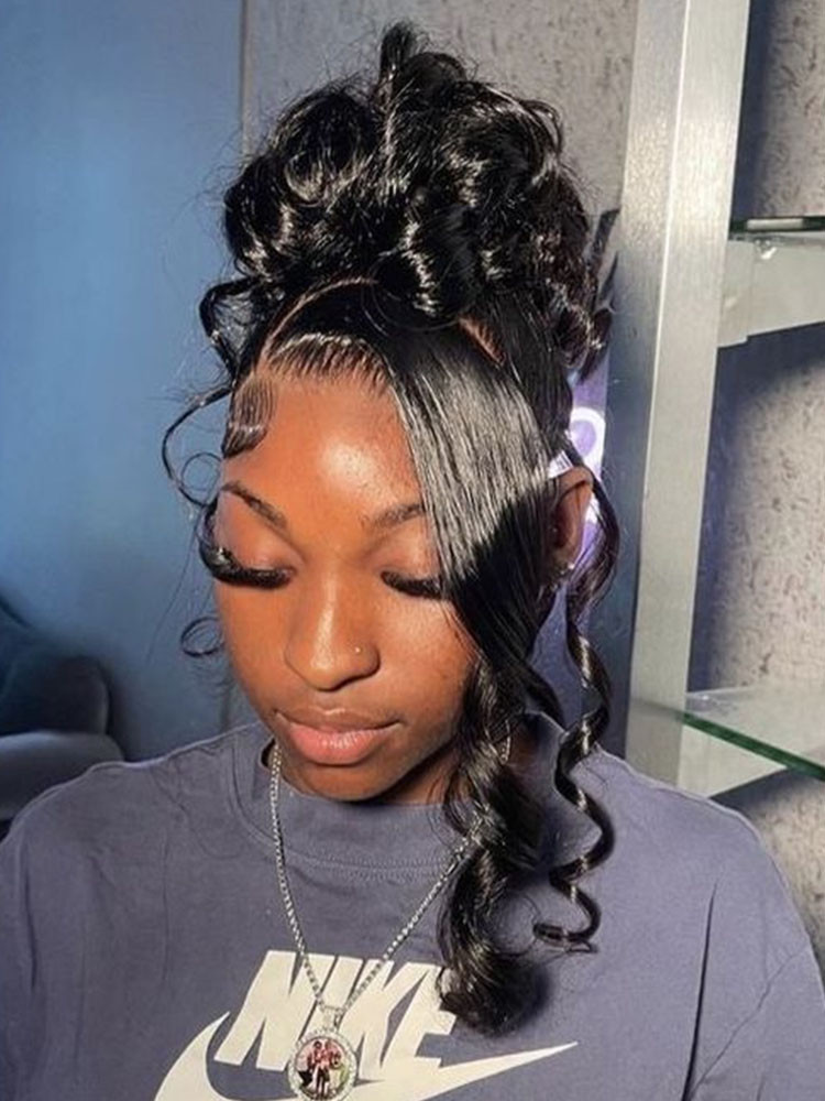 messy bun with bangs