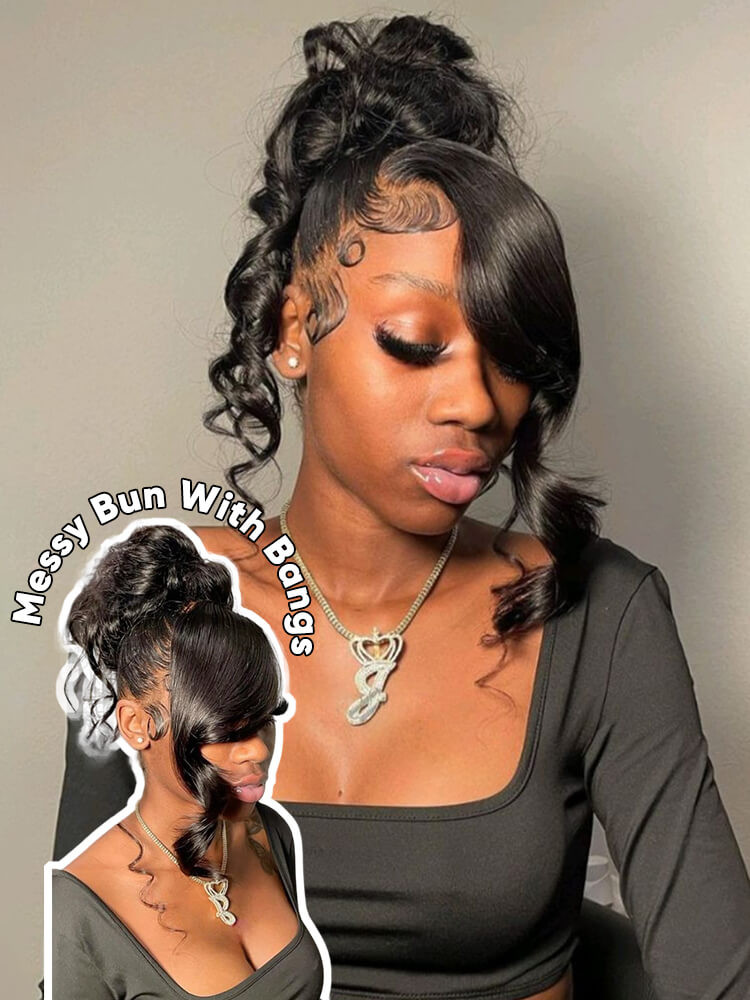 messy bun hairstyle with bangs