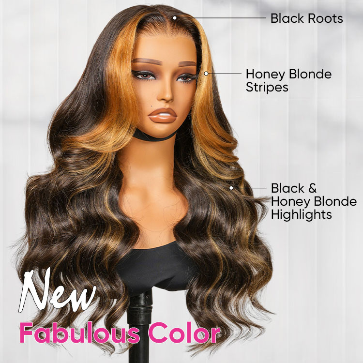 black hair with blonde money piece