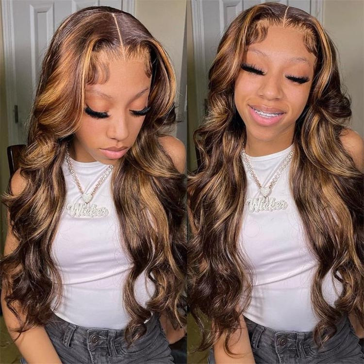 dark brown wig with highlights