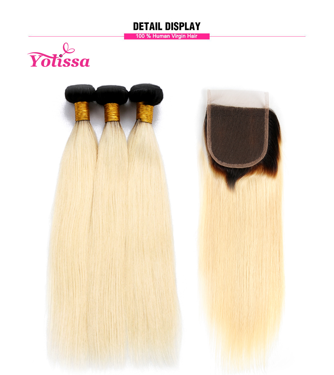 Ombre Blonde Straight Hair With Dark Roots 3 Bundles With Lace Closure 4*4