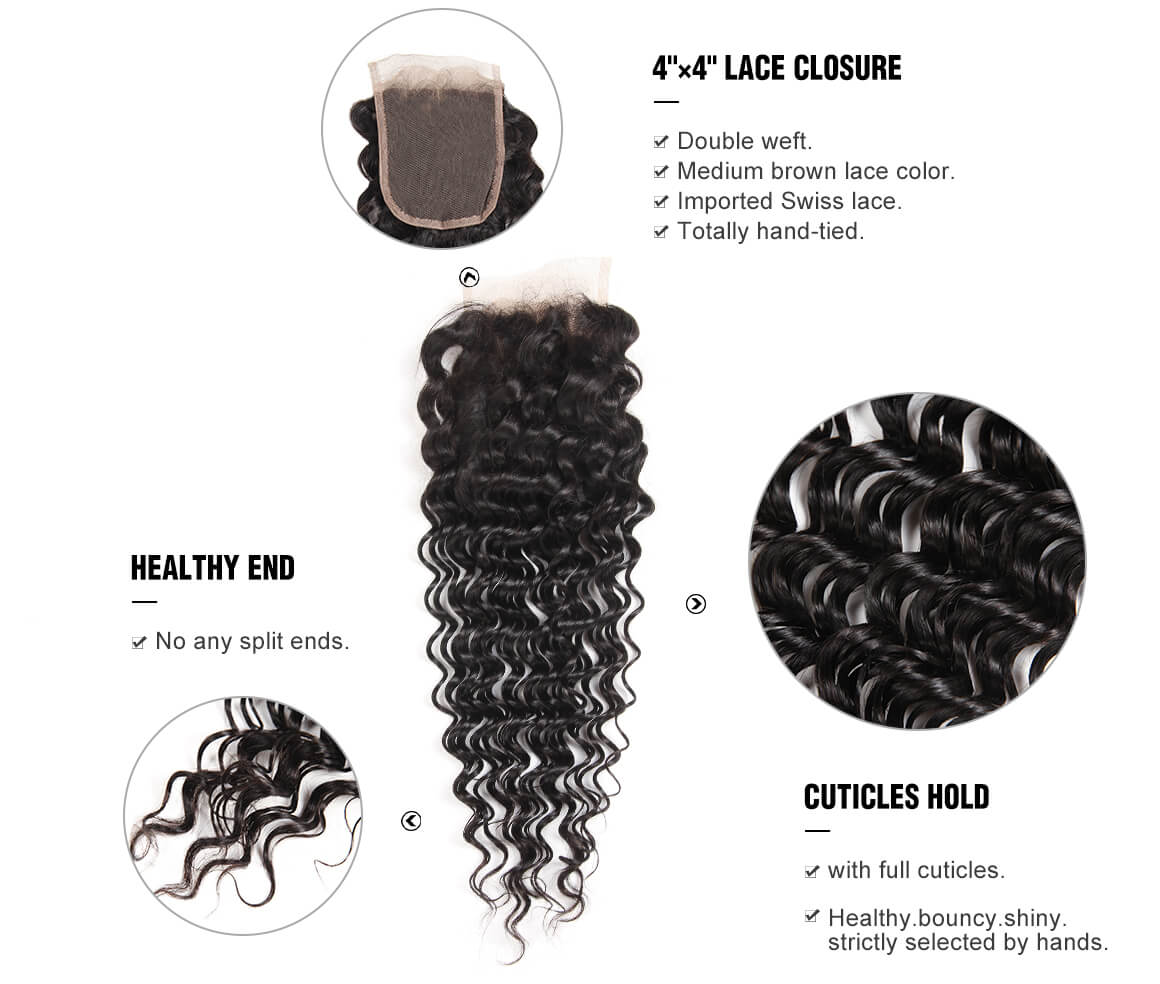 Deep Wave Brazilian Natural Black Virgin Hair Lace Closure