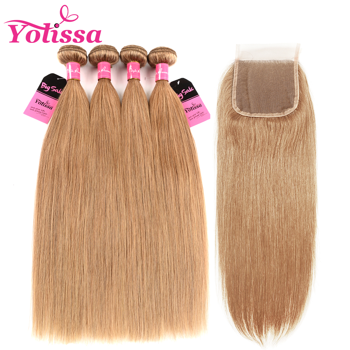 Straight Hair 4 Bundles With Closure 4×4 Camarel Hair Color